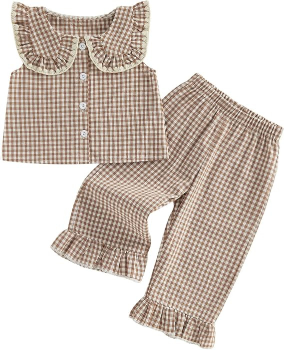 Toddler Baby Girl Summer Clothes Gingham Top Linen Pants 2 Piece Outfits | Amazon (US)