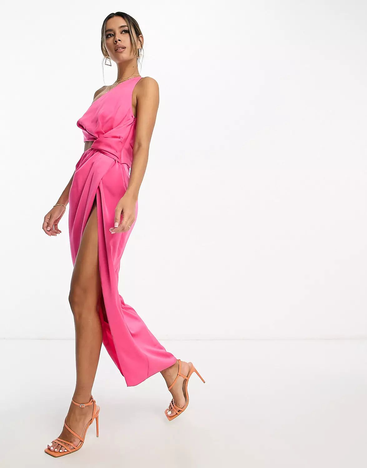 ASOS DESIGN knot detail midaxi dress with cut out detail in pink | ASOS (Global)