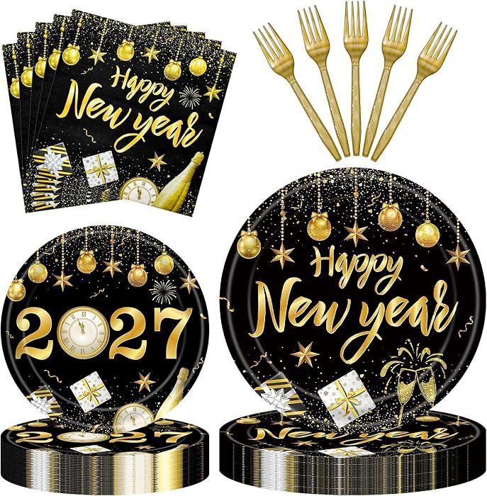 96 Pieces Happy New Year Tableware Set \u2013 Black and Gold 2027 Disposable Plates, Napkins, and... | Amazon (US)
