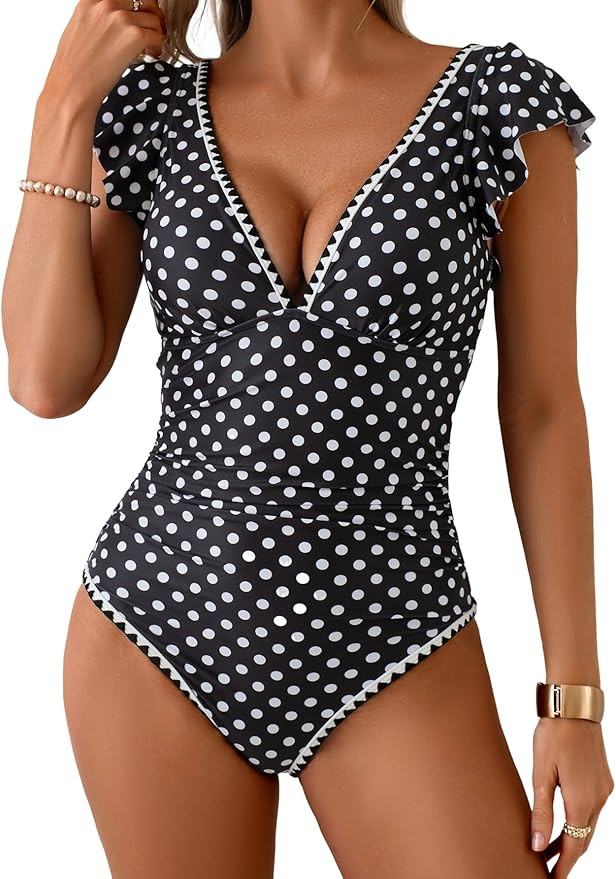 Aidonger Women's One Piece Ruffle Swimsuit Tummy Control Bathing Suit V Neck Shell Stitched Swim ... | Amazon (US)