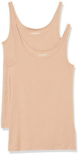 Amazon Essentials Women's Slim-Fit Thin Strap Scoop Neck Tank Top, Pack of 2, Medium Beige, Large | Amazon (US)