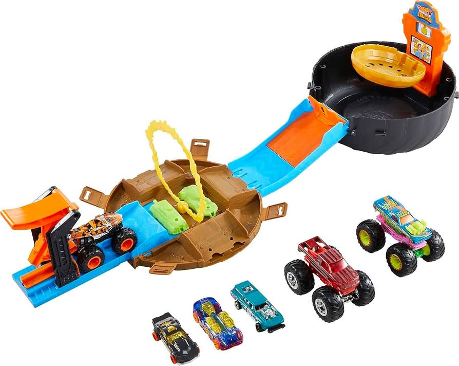 Hot Wheels Monster Trucks Stunt Tire Playset With 3 Toy Monster Trucks & 4 Hot Wheels Toy Cars in... | Amazon (US)