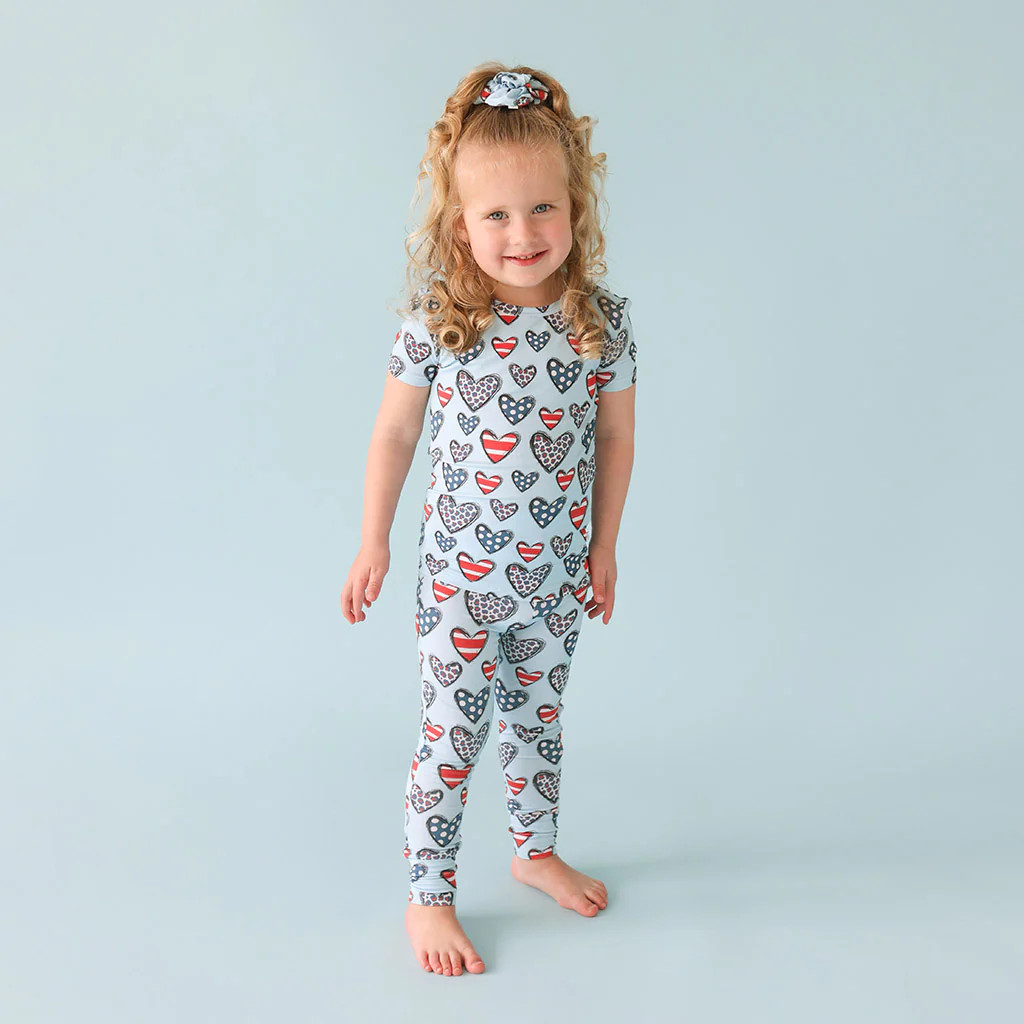Hearts Blue Short Sleeve Toddler Pajamas | Becky | Posh Peanut