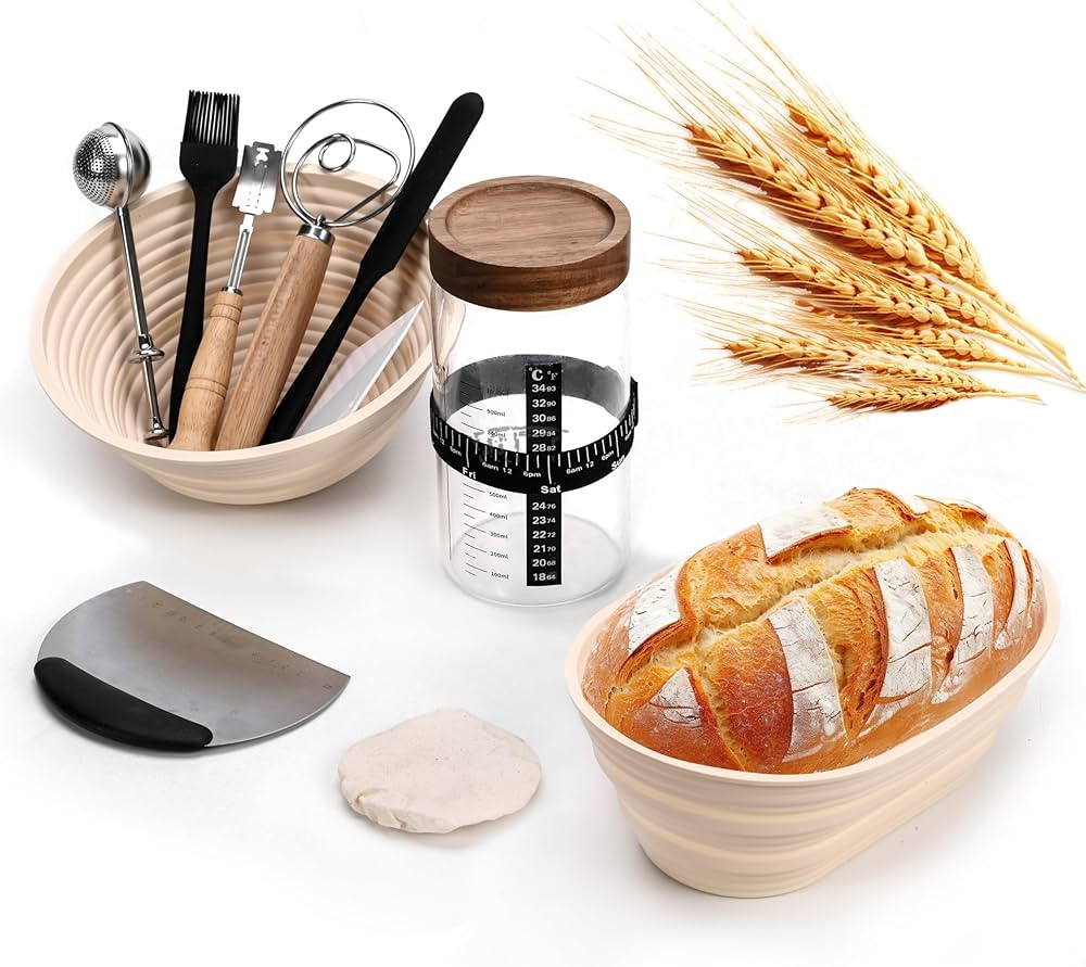 Sourdough Starter Kit, 40oz Sourdough Starter Jar with Bread Sling, 2 Silicone Banneton 9 Bread P... | Amazon (US)