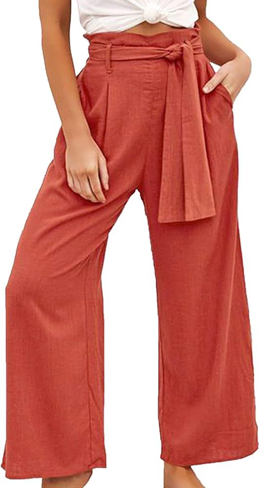 ECOWISH Womens Cotton Soft Palazzo Wide Leg Pant with Pockets High Waist Casual Loose Flowy Pants wi | Amazon (US)