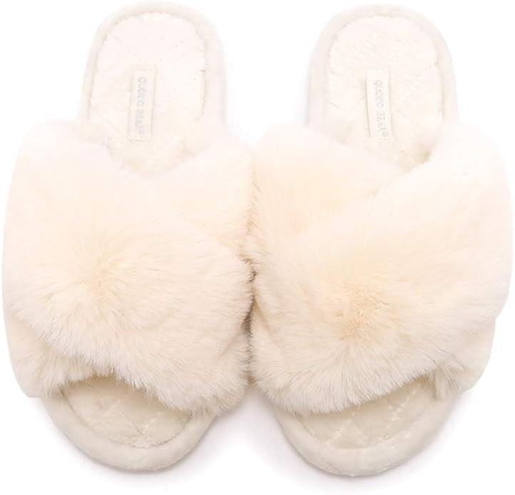 Vpogn Women's Cross Band Soft Plush Fleece House Indoor Outdoor Slippers | Amazon (US)