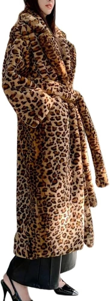 Women's Vintage Elegant Leopard Print Lapel Warm Faux Fur Maxi Open Front Outerwear | Amazon (US)