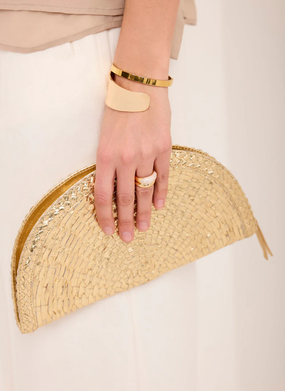 Bea Gold Leather Woven Clutch | Mint Velvet