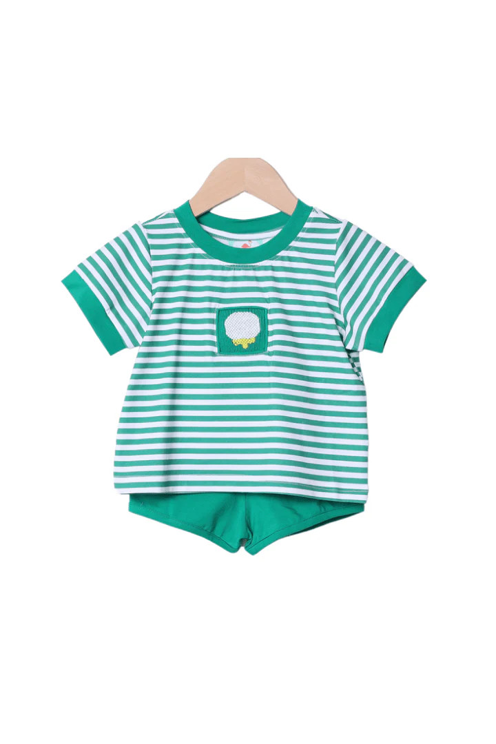 Smocked Golf Green Stripe Short Set | The Smocked Flamingo