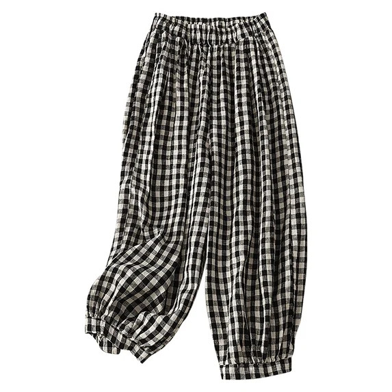 Hxshgdsn Womens Summer Pants Cotton Linen Mid-Rise Plaid Wide Leg Classic Gingham Print Stretchy ... | Walmart (US)