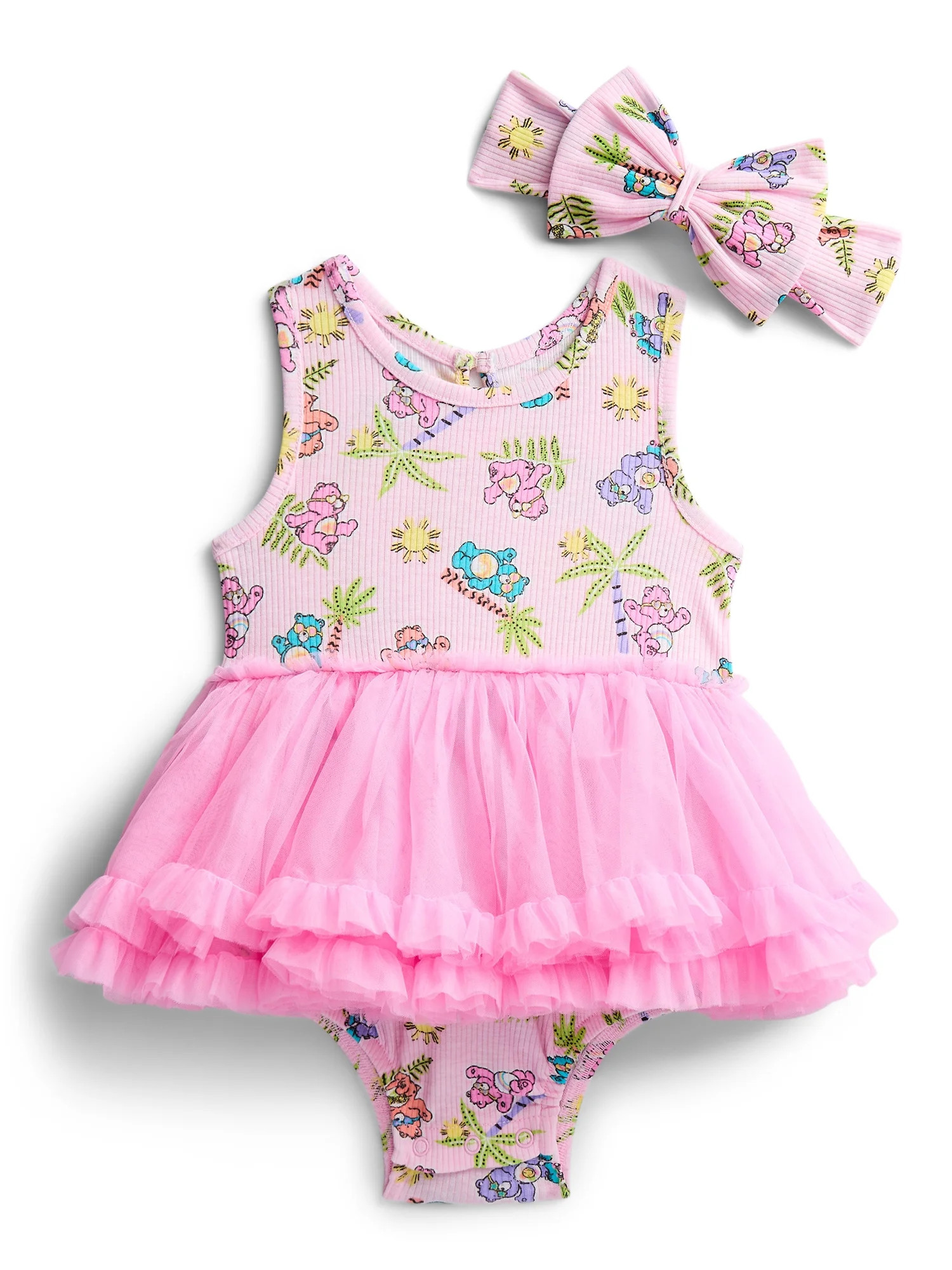 Care Bears Baby Girls Sleeveless Allover Print Tutu Dress with Matching Bow Headband, Sizes 0/3M-... | Walmart (US)