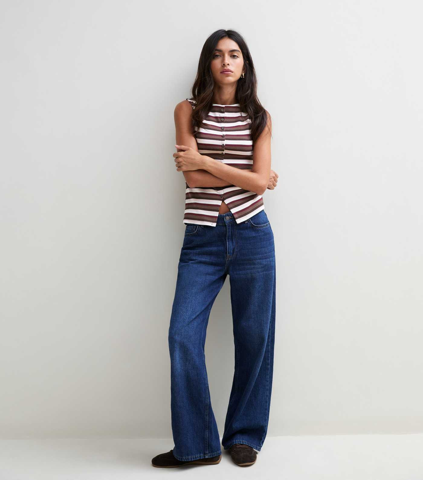 Brown Cotton Rich Striped Button Through Tank Top | New Look | New Look (UK)
