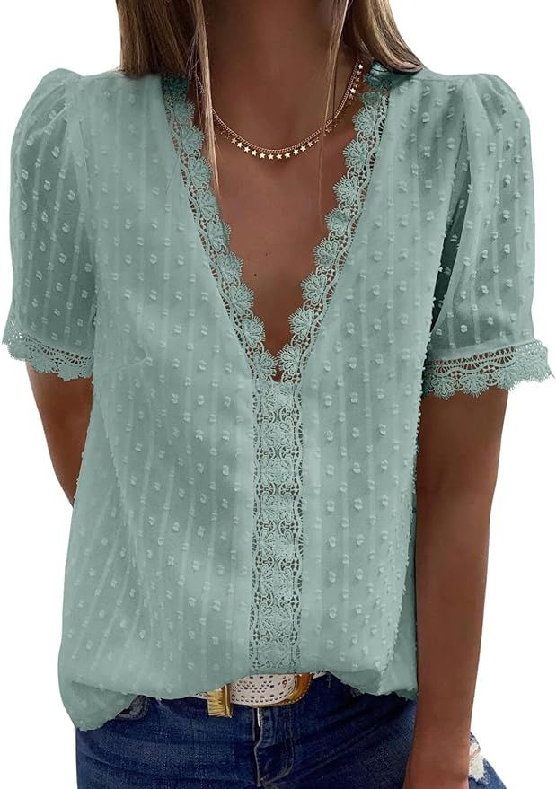 Dokotoo Women's V Neck Lace Crochet Tunic Tops Flowy Casual Blouses Shirts | Amazon (US)