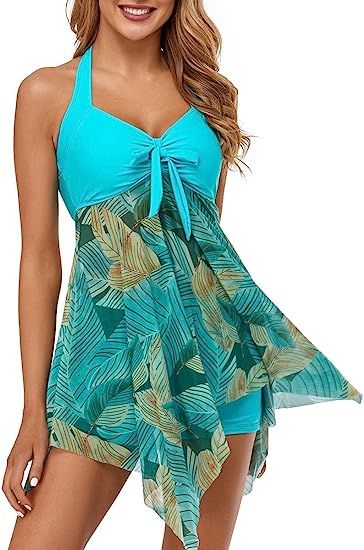 MiYang Womens Tankini Swimdress with Boyshorts Two Piece V Neck Bowknot Halter Bathing Suit Dress | Amazon (US)