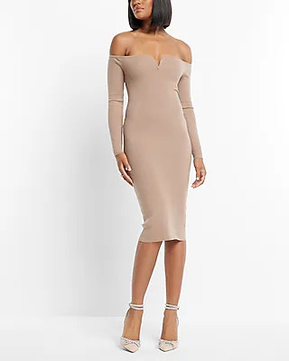 Ribbed Off The Shoulder Long Sleeve V-wire Midi Sweater Dress | Express