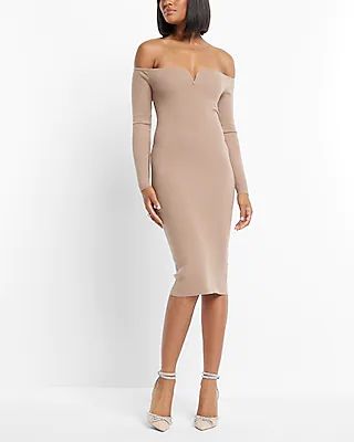 Ribbed Off The Shoulder Long Sleeve V-wire Midi Sweater Dress | Express