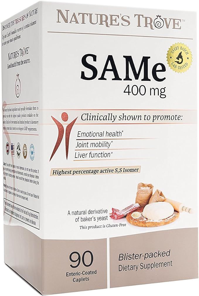 SAM-e 400mg by Nature's Trove - 90 Enteric Coated Caplets. Vegan, Kosher, Non-GMO, Soy Free, Glut... | Amazon (US)