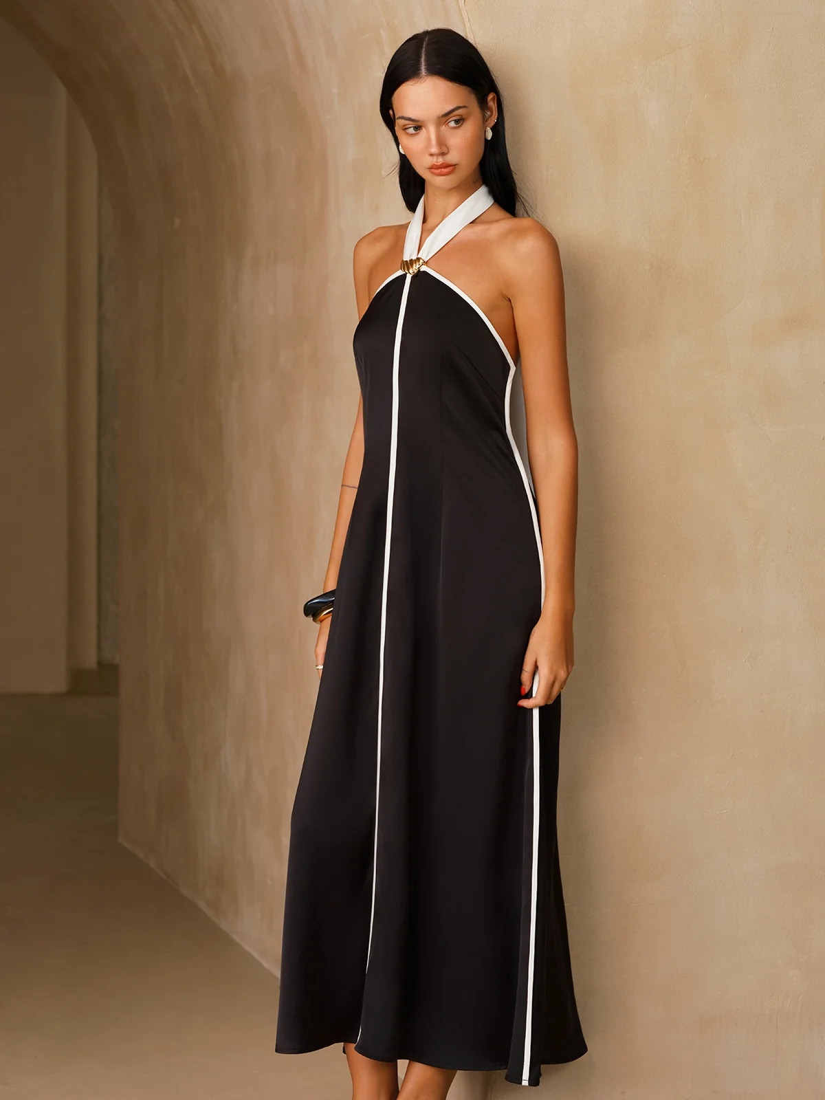 Satin Contrast Trim Halter Midi Dress | Commense