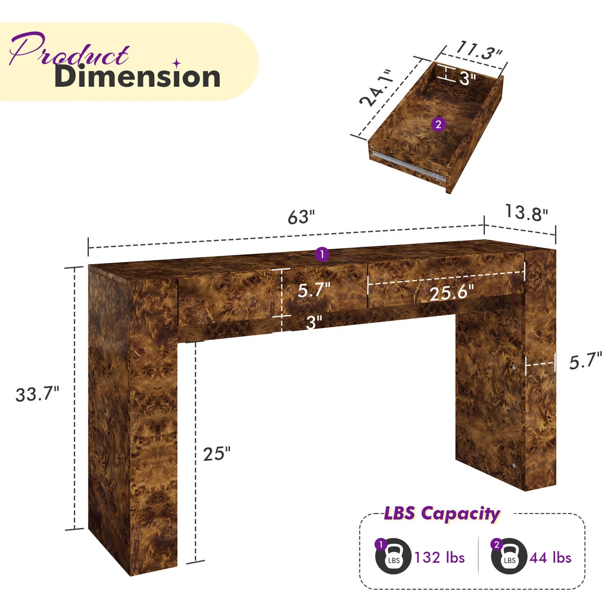 Dorne 63" Modern High Gloss Burl Wood Console Table with 2 Drawers, Brown | Wayfair North America