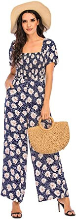 Love Welove Fashion Women's Floral Short Sleeve High Waist Wide Leg Pants Casual Loose Smocked Ju... | Amazon (US)