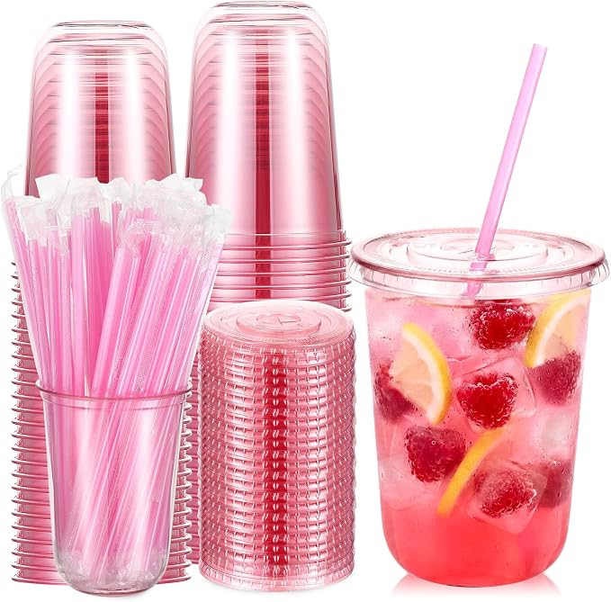 Ziliny 50 Sets Clear Round Bottom Plastic Cups with Lids and Straws, Cute Disposable Drinking Cof... | Amazon (US)