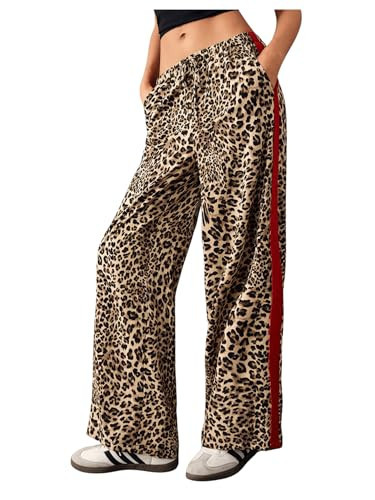 WDIRARA Women's Leopard Print Side Striped Wide Leg Sweatpants High Waisted Drawstring Baggy Pants Brown and Red Medium | Amazon (US)
