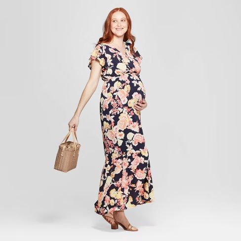 Maternity Floral Print Flutter Sleeve Maxi Dress - Isabel Maternity by Ingrid & Isabel™ Navy | Target