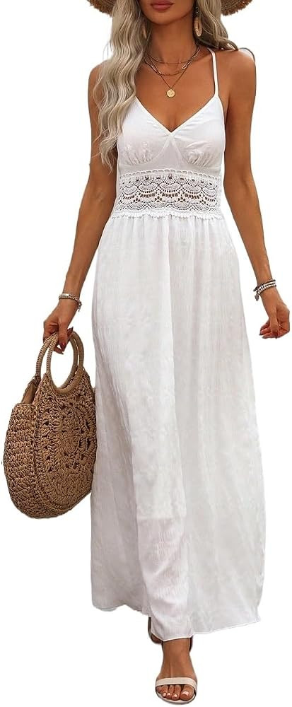 Women's Casual 2024 White Cami Dress Hollow Out Summer Maxi Dress | Amazon (US)