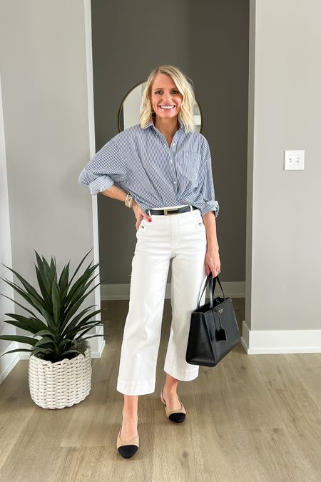 White cropped pants styled with a button-down. 
Shirt- xs
Pants- xs/petite (code: THRIFTYWIFEXSPANX for 10% off)
Shoes- 7.5
Bag- thrifted, linked similar 

#LTKworkwear #LTKstyletip #LTKsalealert