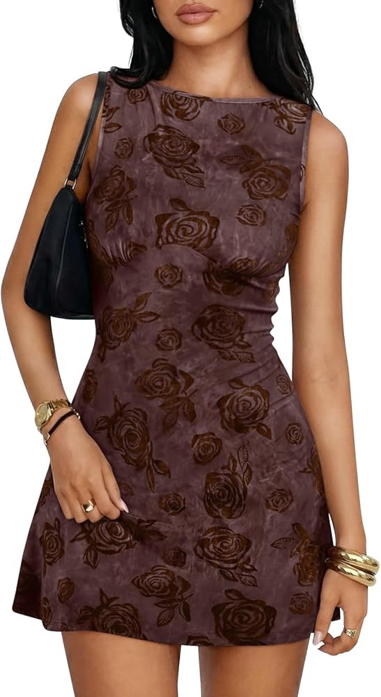 Womens Mini Floral Boat Neck Sleeveless Bodycon Short Party Summer Dresses 2026 | Amazon (US)