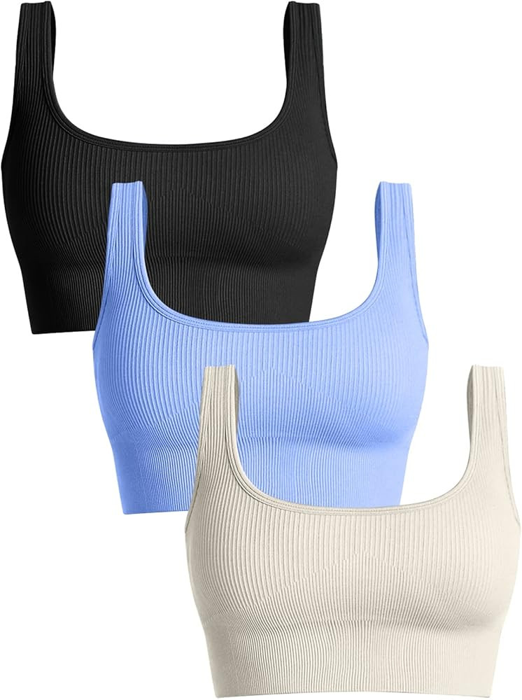 OQQ Women's 3 Piece Medium Support Tank Top Ribbed Seamless Removable Cups Workout Exercise Sport... | Amazon (US)