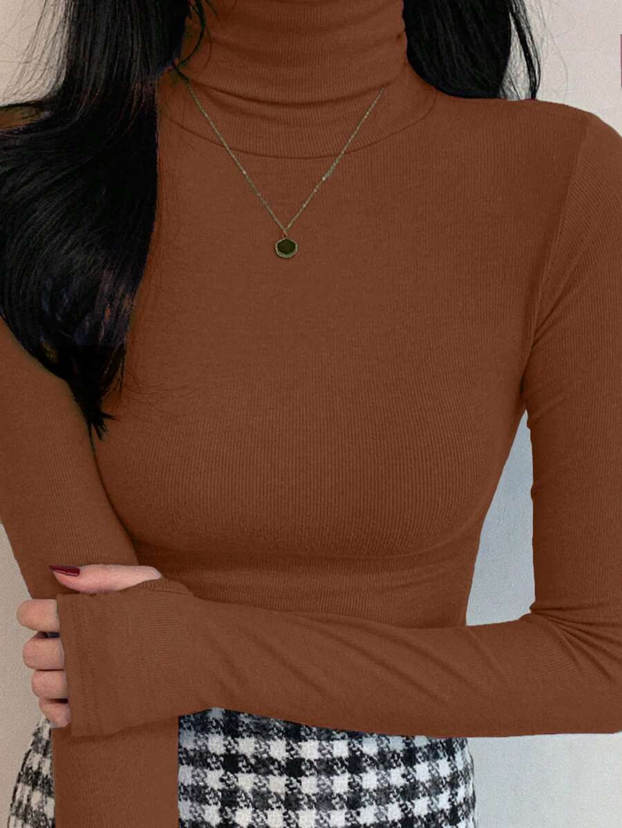 DAZY Women's Solid Color Long Sleeve Casual Turtleneck Slim Fit Base Layer T-Shirt | SHEIN