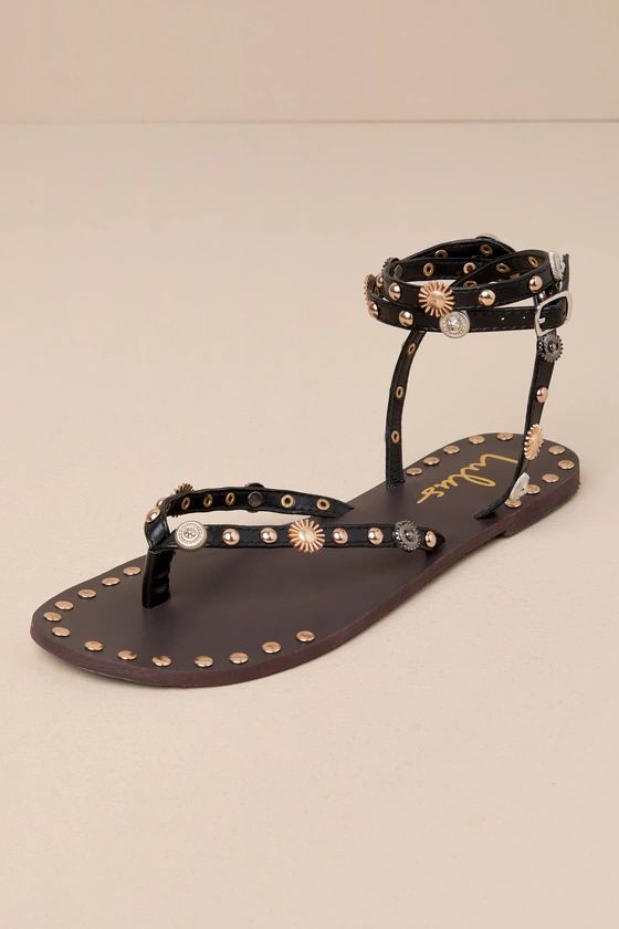 Brydone Black Studded Ankle Strap Flat Thong Sandals | Lulus