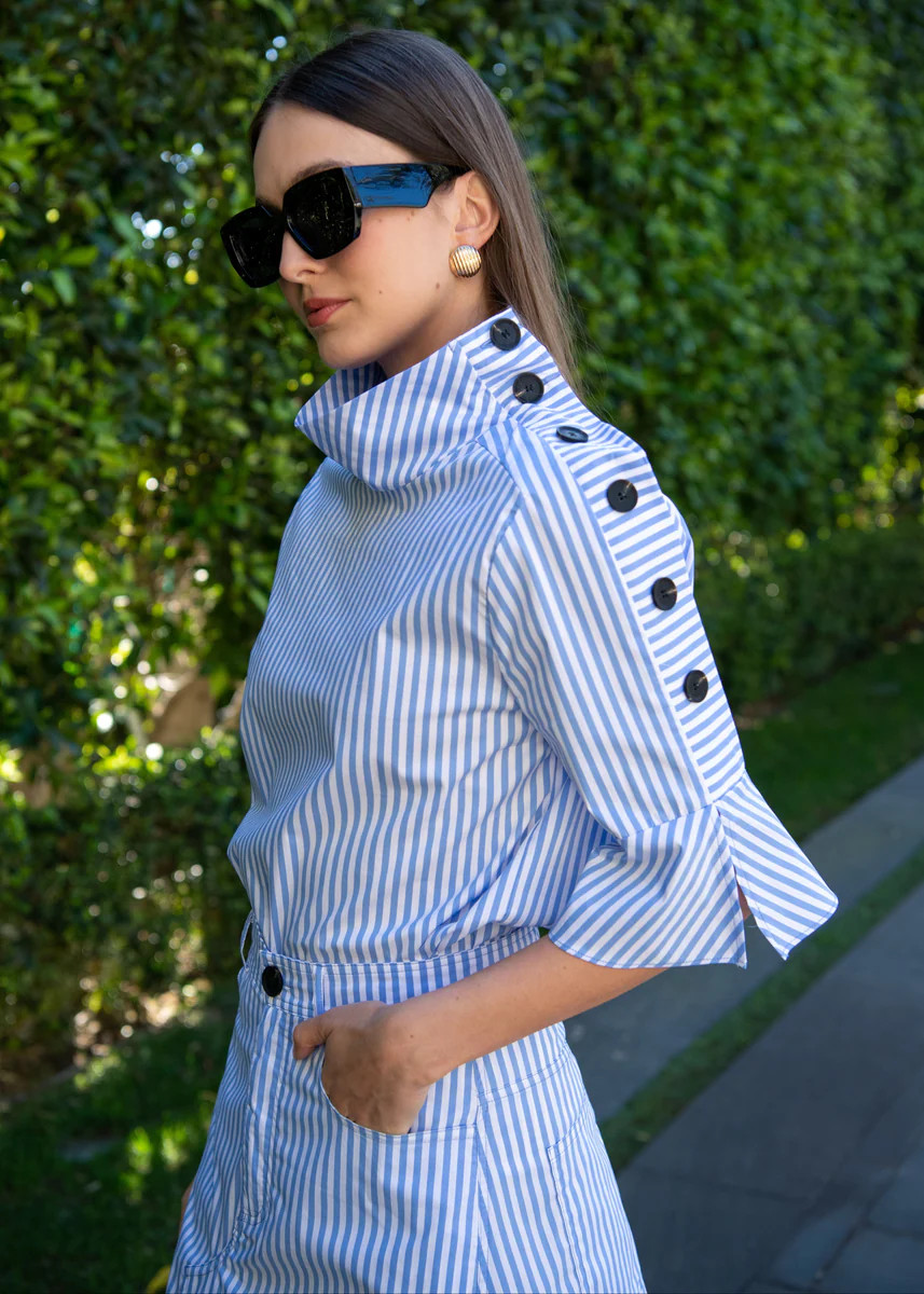 Kya Striped Button Blouse - Blue Short Sleeve | Benaar La