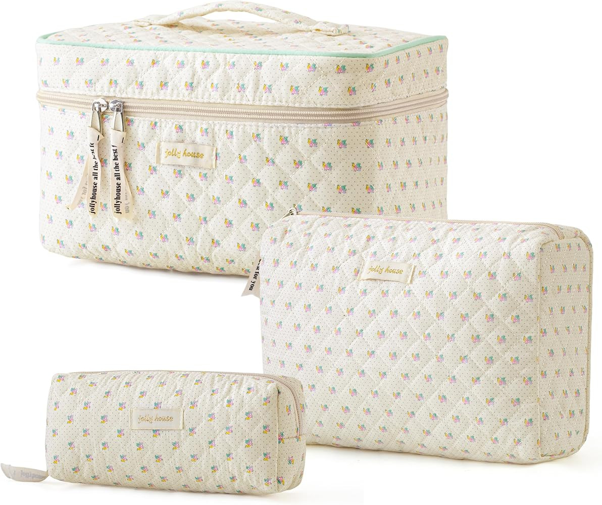 HBselect Quilted Makeup Bag, 3PCS Cotton Large Travel Makeup Bag, Cute Floral Coquette Make up Ba... | Amazon (US)