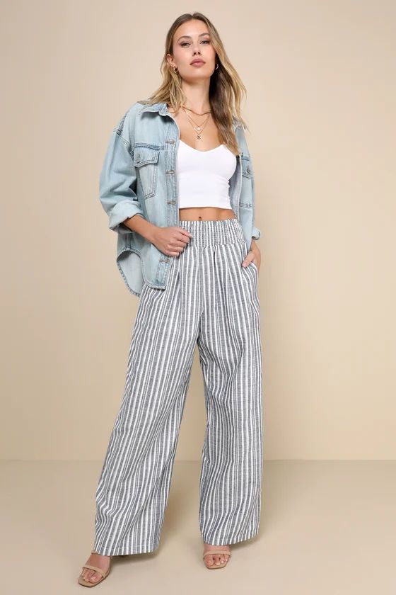 Breezy Getaway Blue and White Striped Linen Wide Leg Pants Outfit Wide Leg Trousers Outfit Inspo | Lulus