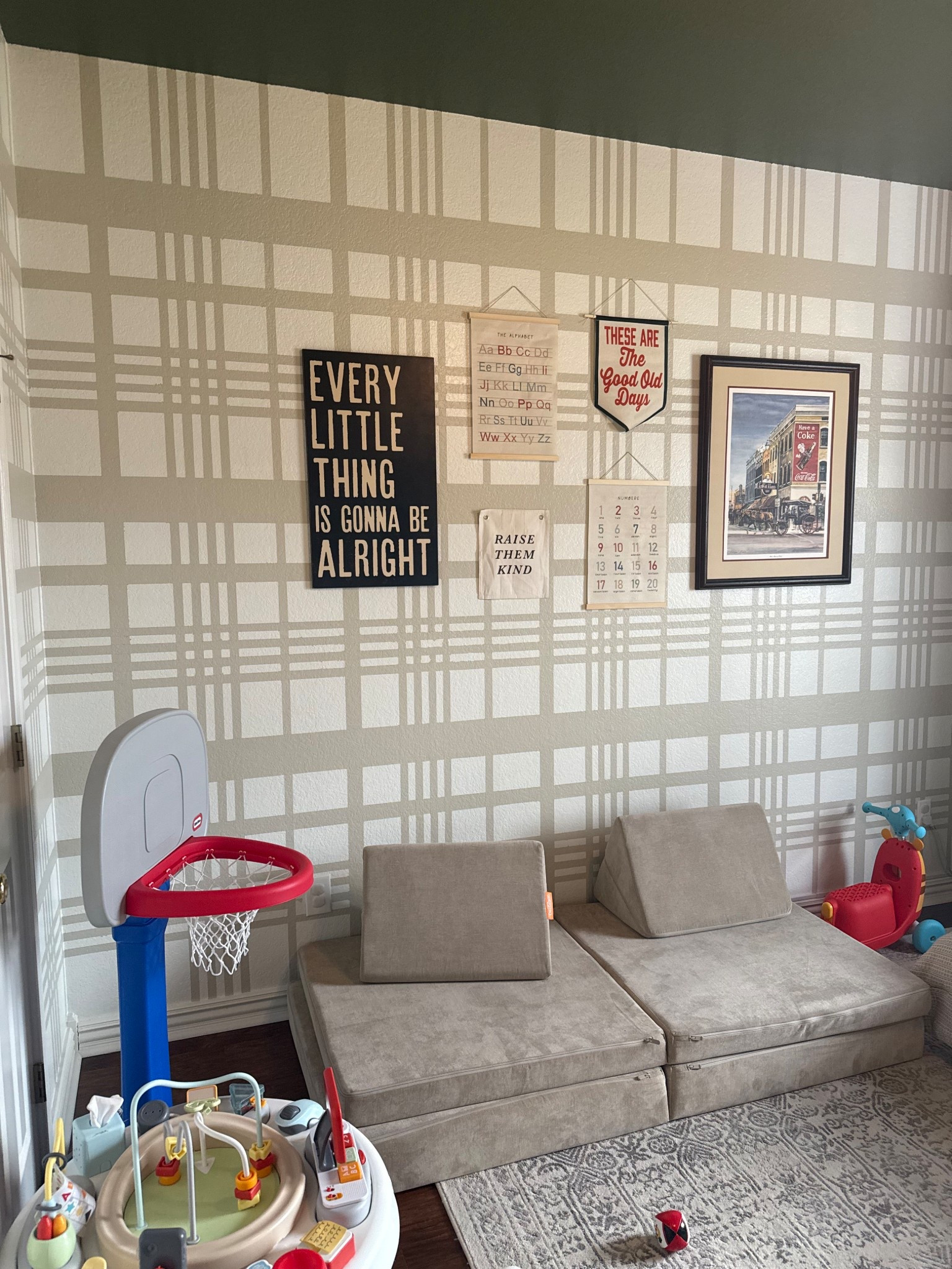 Playroom wall, toy room, the stripes are painted on with Shaded White from Farrow and Ball. Any signs not linked were thrifted 🤎

#LTKKids #LTKHome #LTKFindsUnder50