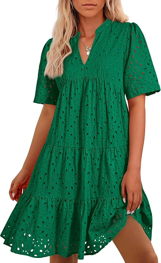 BTFBM Womens Boho Summer Dresses 2026 Spring V Neck Short Sleeve Hollow Out Lace Ruffle Casual Be... | Amazon (US)