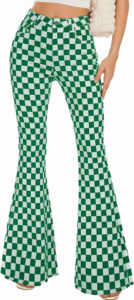 Bell Bottom Jeans for Women High Waisted Stretch Plaid Flare Jeans Denim Bootcut Pants | Amazon (US)