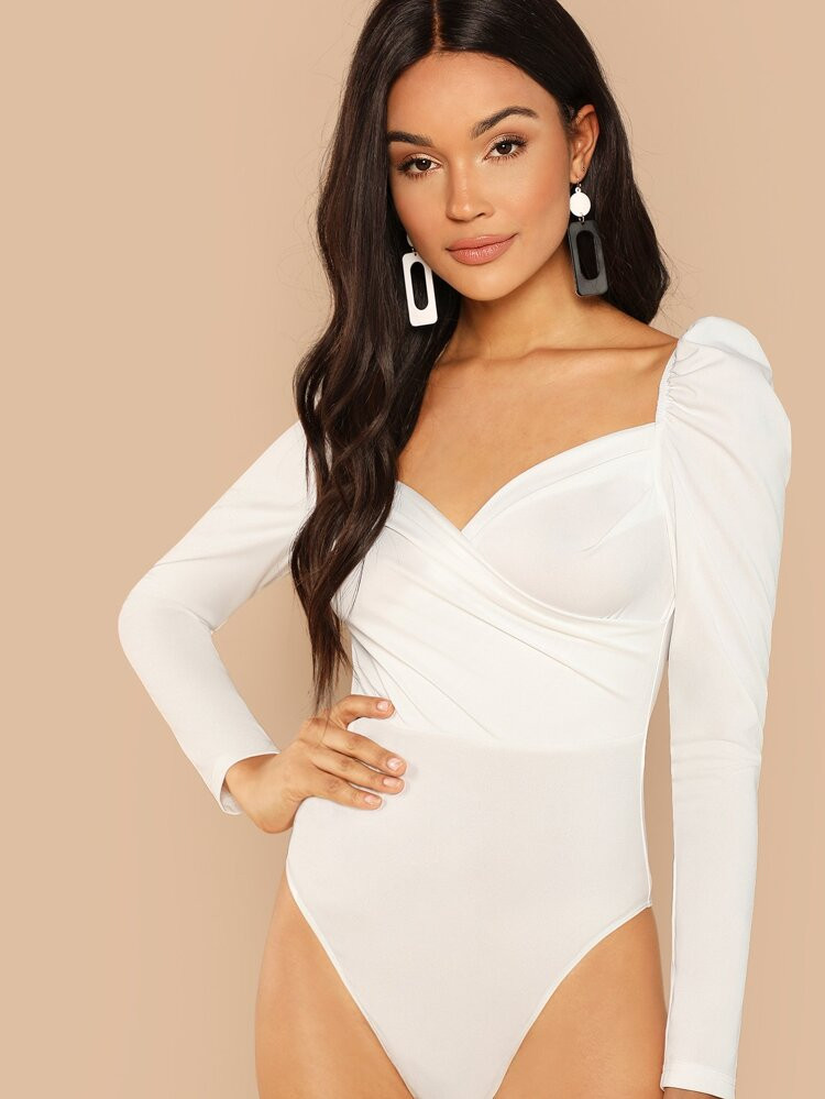 SHEIN Puff Sleeve Surplice Neck Ruched Bodysuit | SHEIN