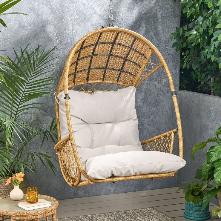 Malia Outdoor Wicker Hanging Chair (Stand Not Included)  Brown/Beige - Christopher Knight Home | Target