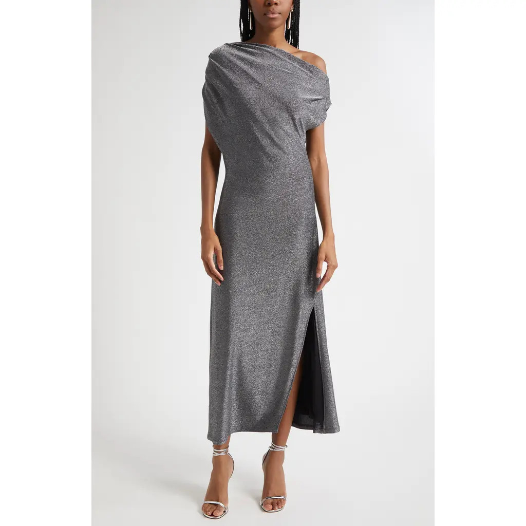 Ramy Brook Chet Rocker Metallic One-Shoulder Maxi Dress in Silver Knit at Nordstrom, Size Large | Nordstrom