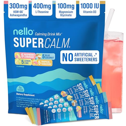 Nello Supercalm Powdered Drink Mix, Cortisol Reducer* and Sleep Aid Supplement, L Theanine, Ksm-66 Ashwagandha, Magnesium Glycinate, Vitamin D 3, No Sugar, Non GMO, On The Go, 20 Ct, Variety Pack | Amazon (US)
