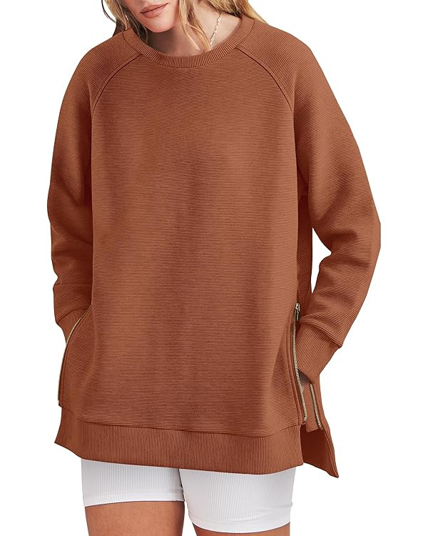 ANRABESS Womens Oversized Sweatshirt Crewneck Long Sleeve Tunic Pollover Shirt Side Zipper Hoodie... | Amazon (US)