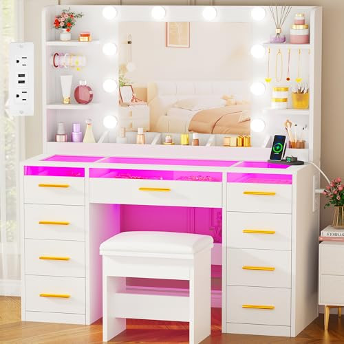 ANWBROAD Vanity Desk with Mirror and Lights 3 Colors Large Makeup Vanity Table Set Transparent Gl... | Amazon (US)