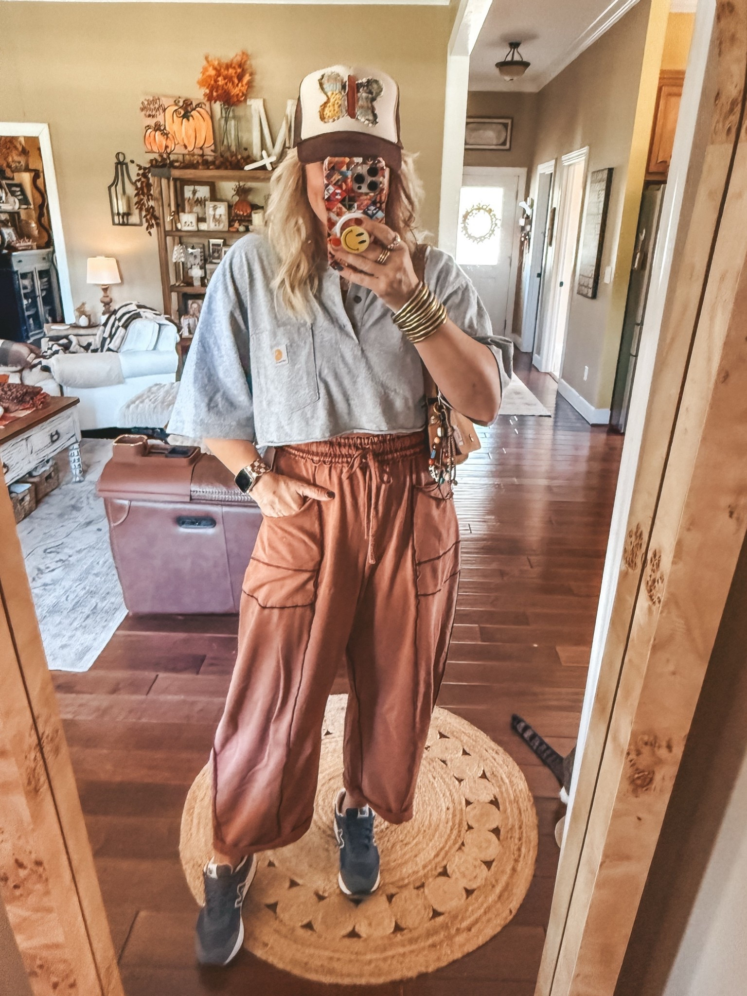 This jumpsuit is the best to layer! I love it layered too!! It’s so comfy and adorable! I’m in a medium and also found a look for less that has great reviews! 
I cut my mens Carhartt Henley. 
These platform new balance are on sale and very comfy too!
I can’t link my watchband but it’s a sparklband