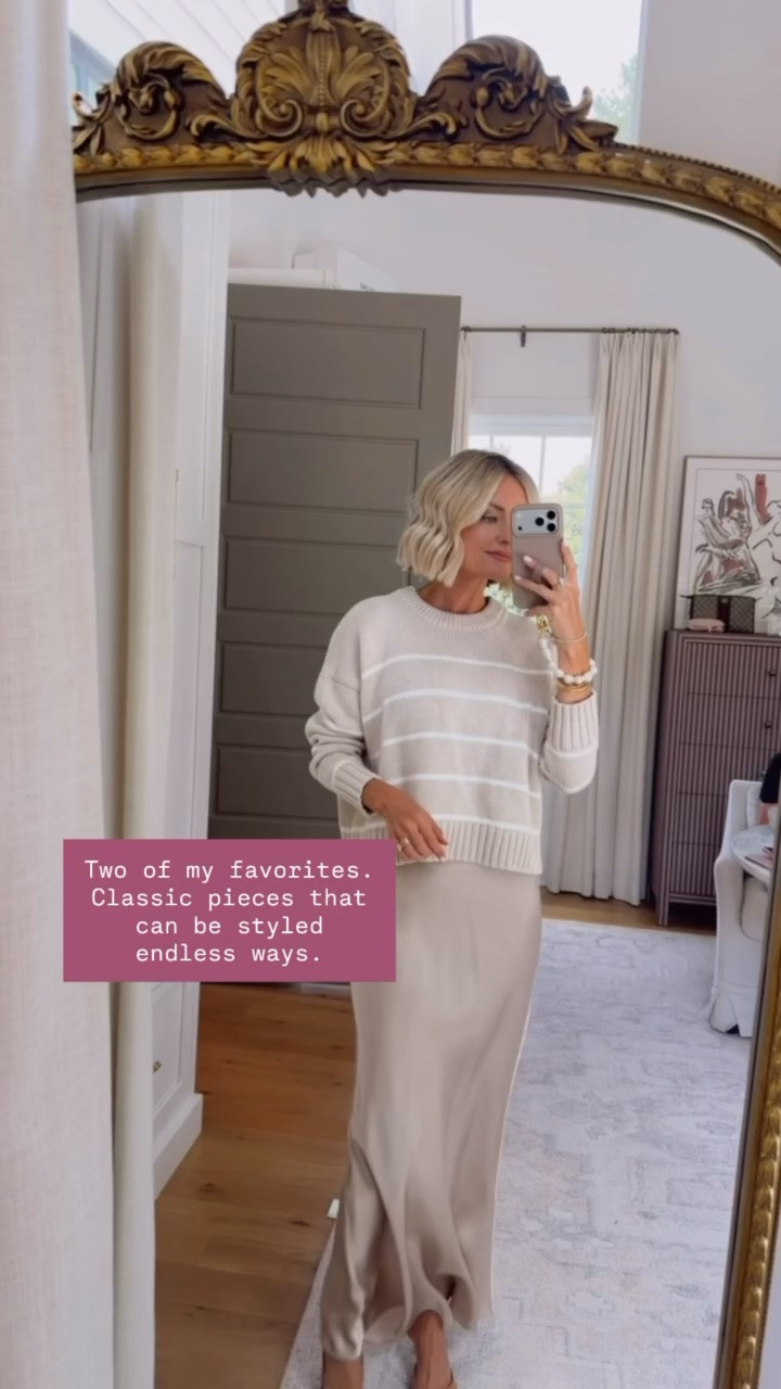 Some elevated classic pieces that will be staples in your wardrobe! Wearing S!

Loverly Grey, Quince, satin skirt, maxi skirt, striped sweater, elevated fall looks, fall outfit

#LTKSeasonal #LTKootd