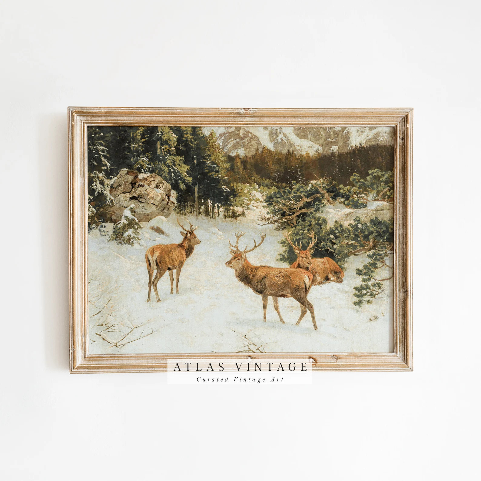 Antique Winter Oil Painting | Vintage Deer Printable Wall Art | Christmas Holiday Art Print | Far... | Etsy (US)
