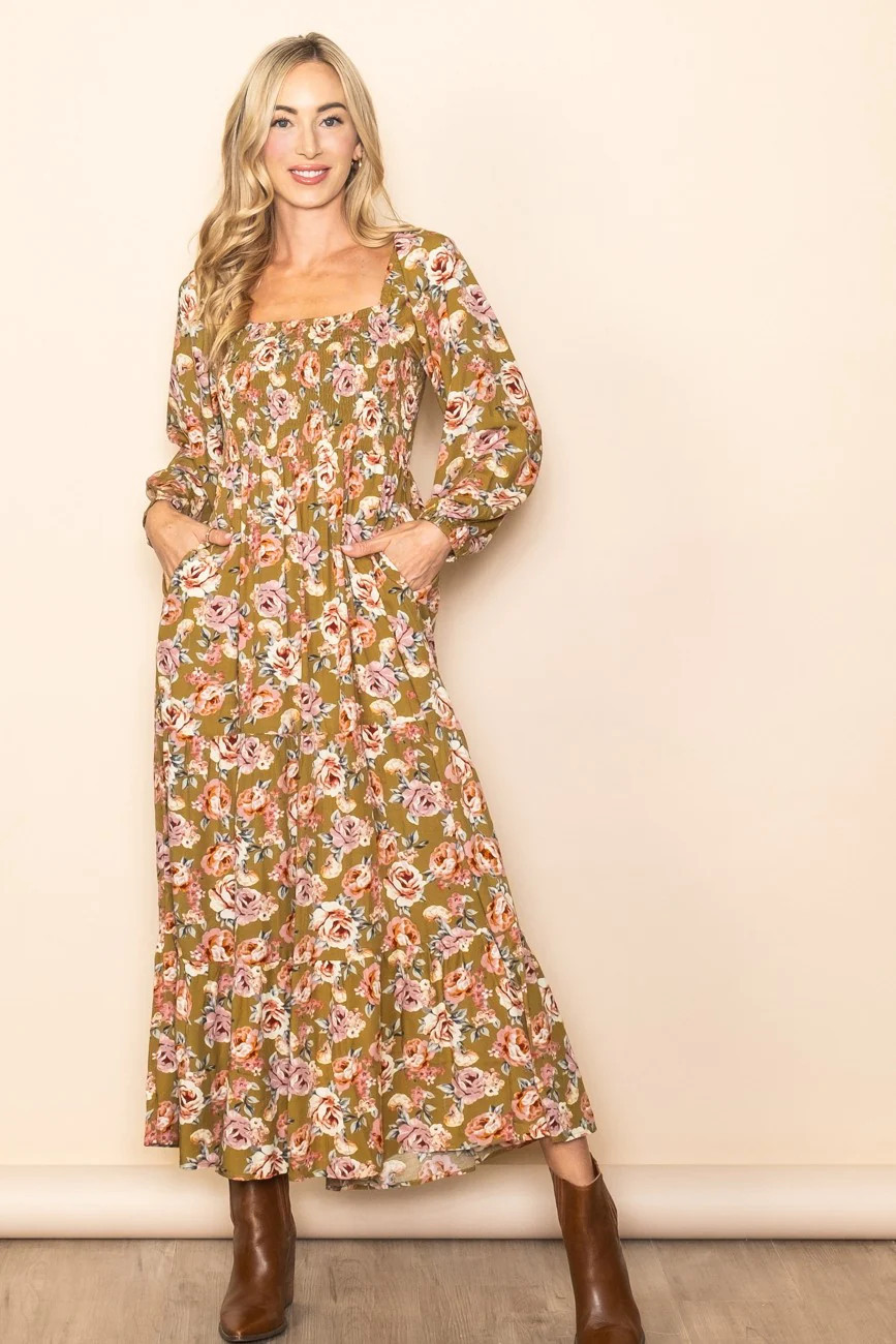 Olive Floral Long Sleeve Maxi Dress | PinkBlush Maternity