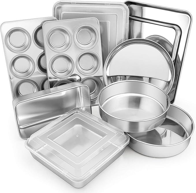 E-far 12-Piece Stainless Steel Bakeware Sets, Metal Baking Pan Set Include Round Cake Pans, Squar... | Amazon (US)